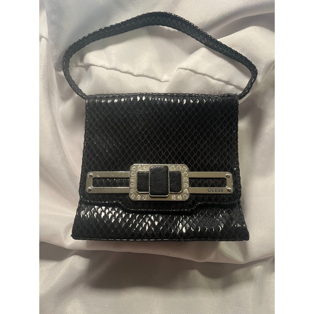 Guess bling purse with rhinestone buckle, mini handbag, black, Faux snakeskin